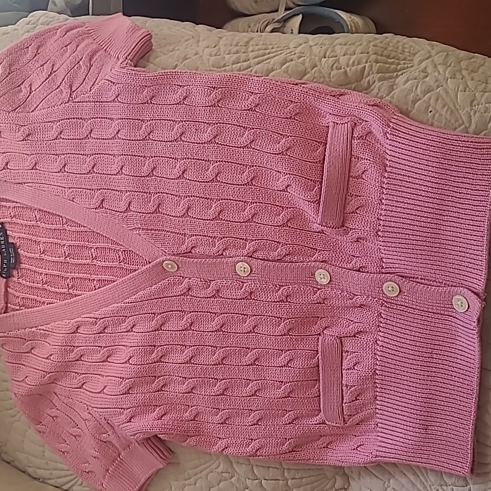Ralph Lauren short sleeve button v-neck sweater, size medium. Pink. Never worn